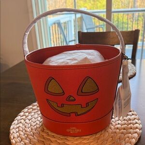 Coach Orange Pumpkin Bucket Tote with Gold Accent